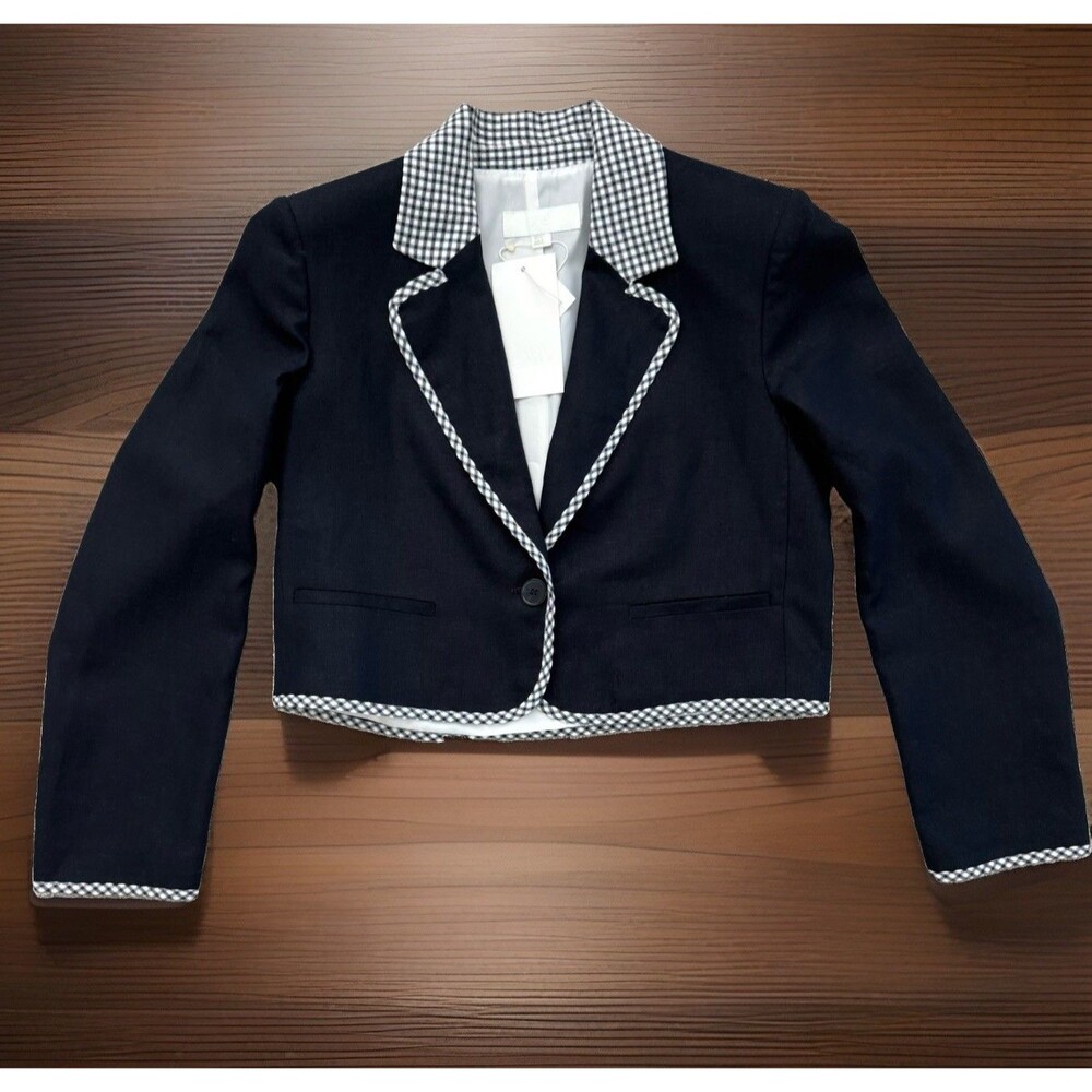 NWT ZARA Gingham Check Cropped Blazer S Navy Linen Blend Preppy Coastal Jacket